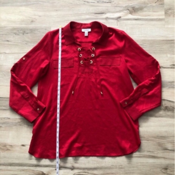 MASSIVE $10 SALE Calvin Klein Red Tie Front Blouse with Mandarin Collar - Picture 5 of 5